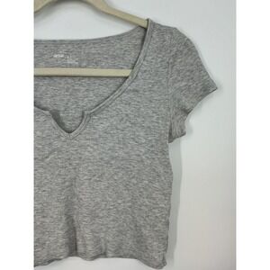 Aerie Heather Gray Ribbed Notch Neck Cropped Tee Top Size M Minimalist Basic